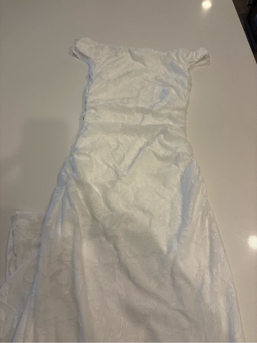 Elegant White Floral Jacquard Off-Shoulder Dress